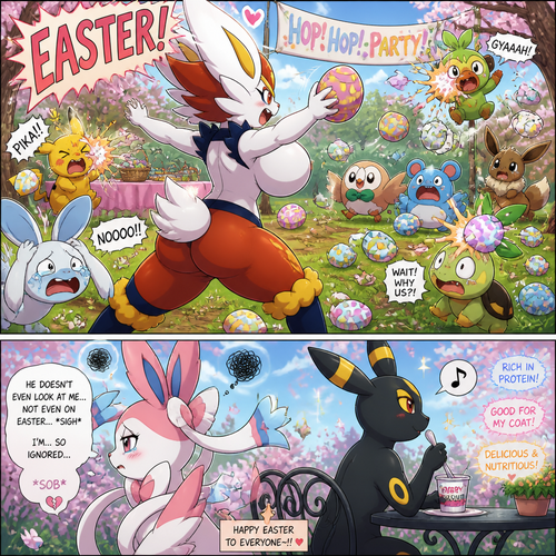 A busty well-made fluffy female Pokemon character, Cinderace. Who celebrates on today’s Easter Day and shouts, EASTER! And wrecking up a place like a crazy party gal while she knocked other terrified Pokemon by throwing eggs at them but A cute but creepy but a gay male Sylveon just as sad and irritating about being ignored by a male Umbreon while eating a healthy yogurt distracted and appreciated. All well-made characters. A dramatic and a funny comedy show. A comic views. Spring season. Side/back view.