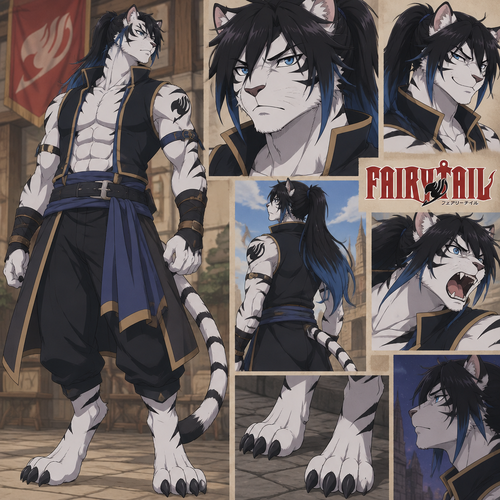 Male, anthro white tiger, digitigrade footpaws, thick black hair with blue tips, hair in a long ponytail, anime style, blue eyes, Fairy Tail anime