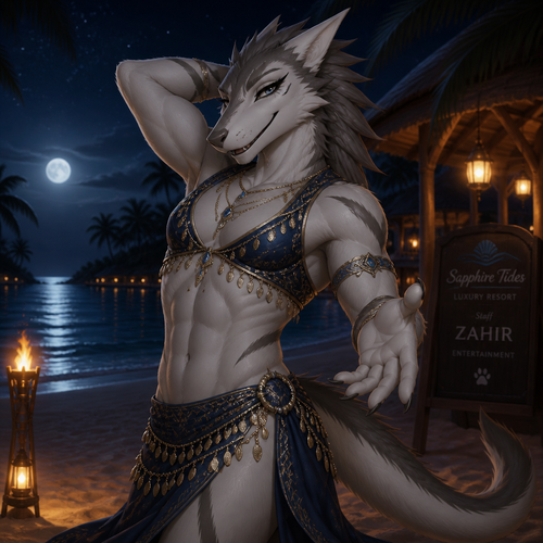 A homosexual adult male Sergal, doing a belly dancer, has good hips and a pretty smile, wears eyeliner, at the beach at night, and works at a resort on the island. Giving a flirting look.