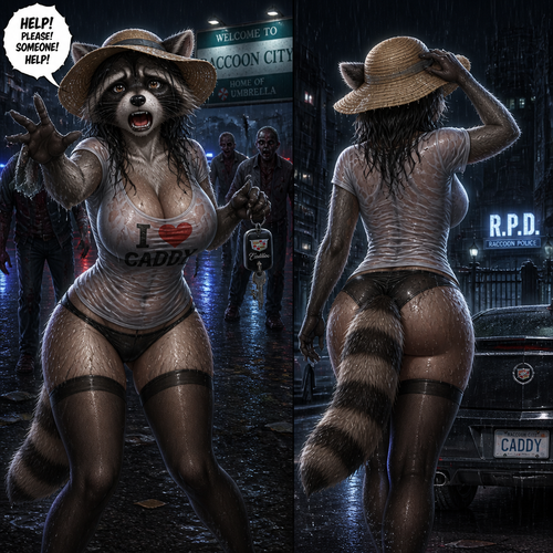 A well-made adult female raccoon character with a shirt on that has thigh highs and boobs who’s lost a car keys for a caddy also wears a sun hat. Animated version. At the Raccoon city and didn’t realize there’s zombies around. Front/Backshot view. All wet in a rain at night. Shout for help.