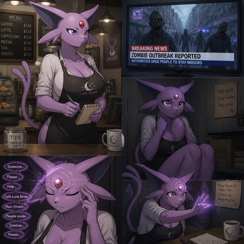 A well-made busty grown female character, Espeon. Who works at a cafe and wears an apron. Hides somewhere because being scared of zombies outside. Animated universe. Tries her best to read minds and send help despite on today’s news on television telling about the outbreak.