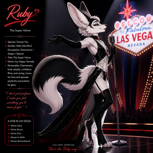A well-made Black/white furred fennec Fox male named Ruby, wears something attractive for entertainment for a show by self to dance/sing. Wears eyeliner and lipstick. Has a bushy tail. A grown femboy anthro. A star in Las Vegas. Well groomed. Side view. Animated verse. Has good personality. Being a super velvet.
