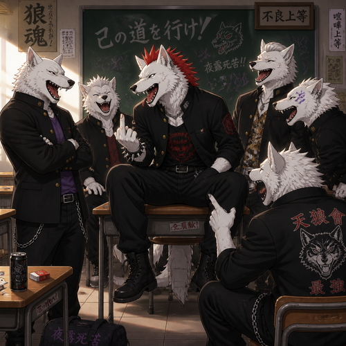 A high school aged delinquent white male dire wolf wearing a gakuran with a crimson spiked mohawk. He is sitting on a desk in the classroom surrounded by his friends, making crude gestures and laughing at a crude joke. Anime art style, full body.