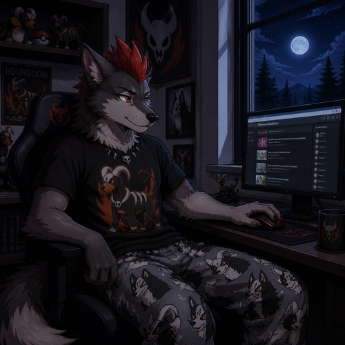 A young male dire wolf wearing mightyena theme pajama pants and houndoom theme shirt, has a red mohawk hairstyle. Sitting at a computer desk browsing the web. Next to the desk built into the wall is a window showing its nighttime outside. Anime art style.