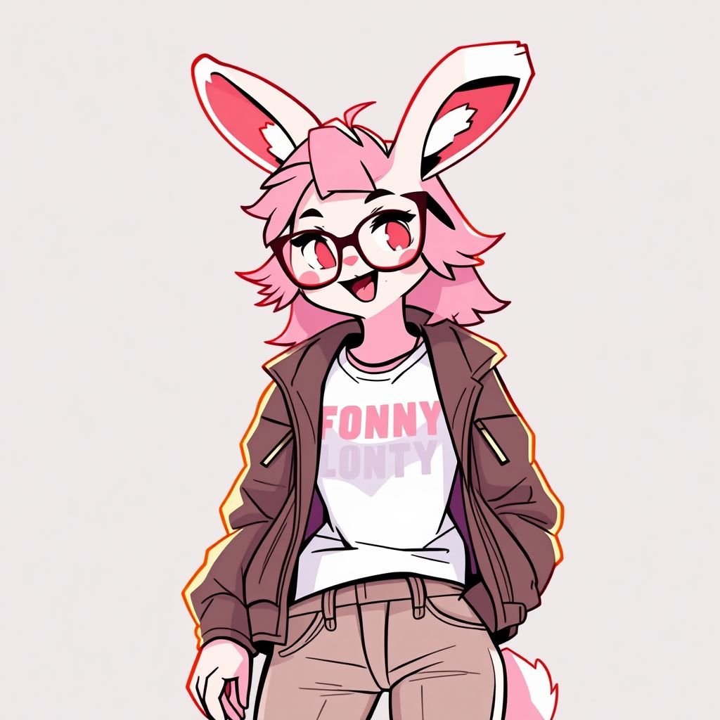 Bunny,fursona,pink,cute,gay,soft,tall,has glasses,jacket,jeans,fluffy,furry
