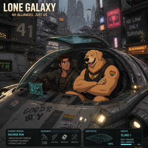 In a lone galaxy, a well-made animated version. In a mini spaceship, a human pilot/scavenger, and his partner a thick homosexual anthro gay golden retriever with floppy ears. Both finding themselves to loot and defend themselves. In a planet of a concrete jungle.