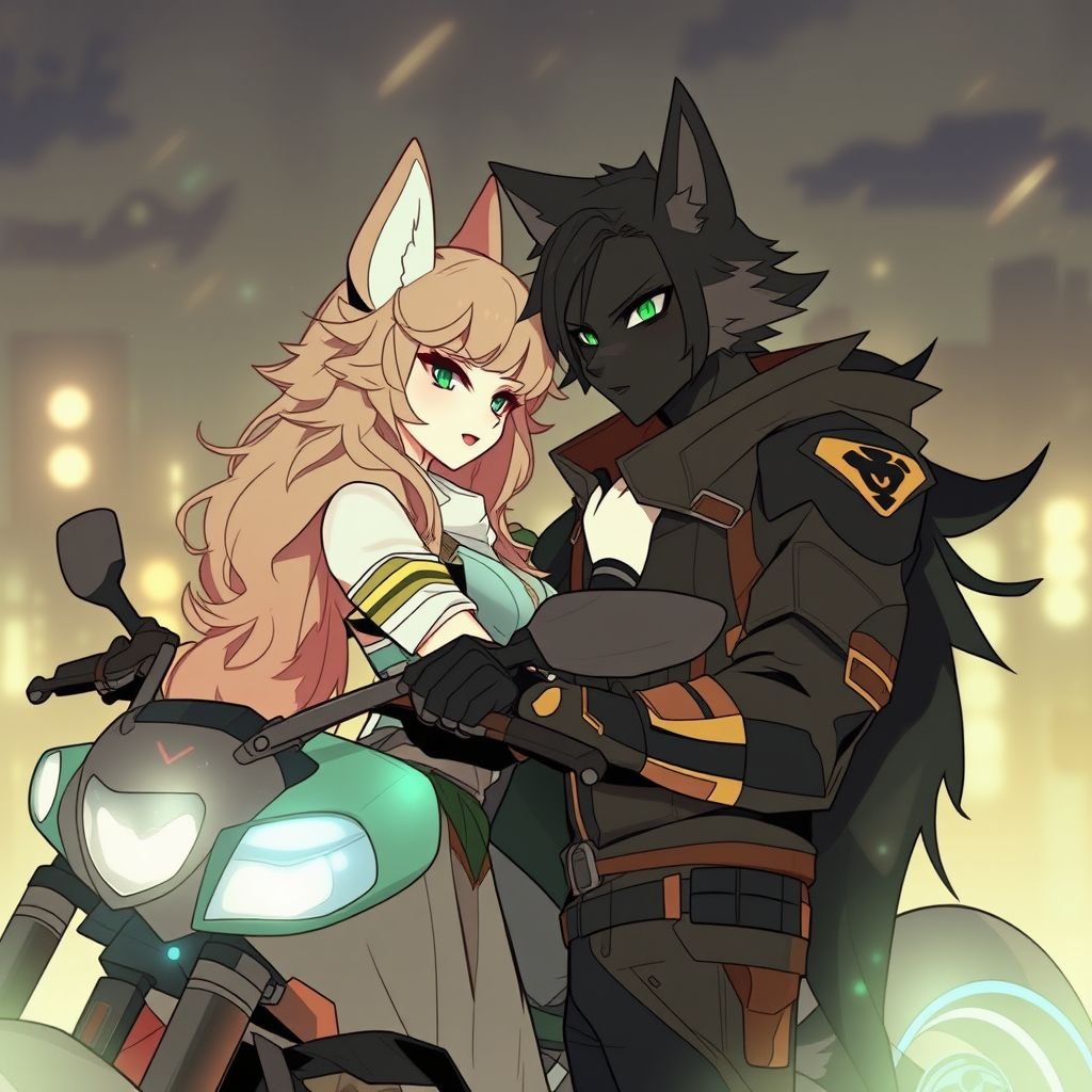 Female fox with light, brown and gray fur and male wolf, all black fur with green  in love street racer 