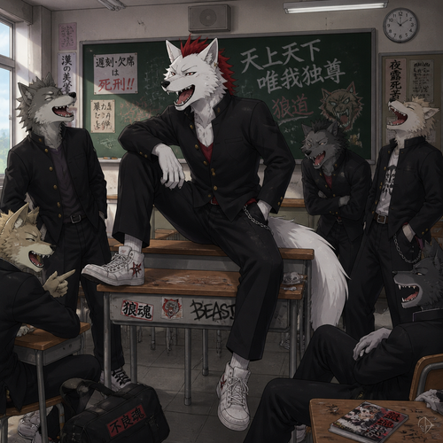 A middle school aged delinquent white male dire wolf wearing a gakuran with a crimson spiked mohawk. He is sitting on a desk in the classroom surrounded by his friends laughing at a crude joke. Anime style, full body.