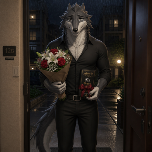 A well-made grown foolish Sergal male character who’s at the outside door of the apartment building who came with a tearful face and carry some flowers and some dark chocolate for came for apology of how sorry he was to his dear friend the other Sergal at a front view.