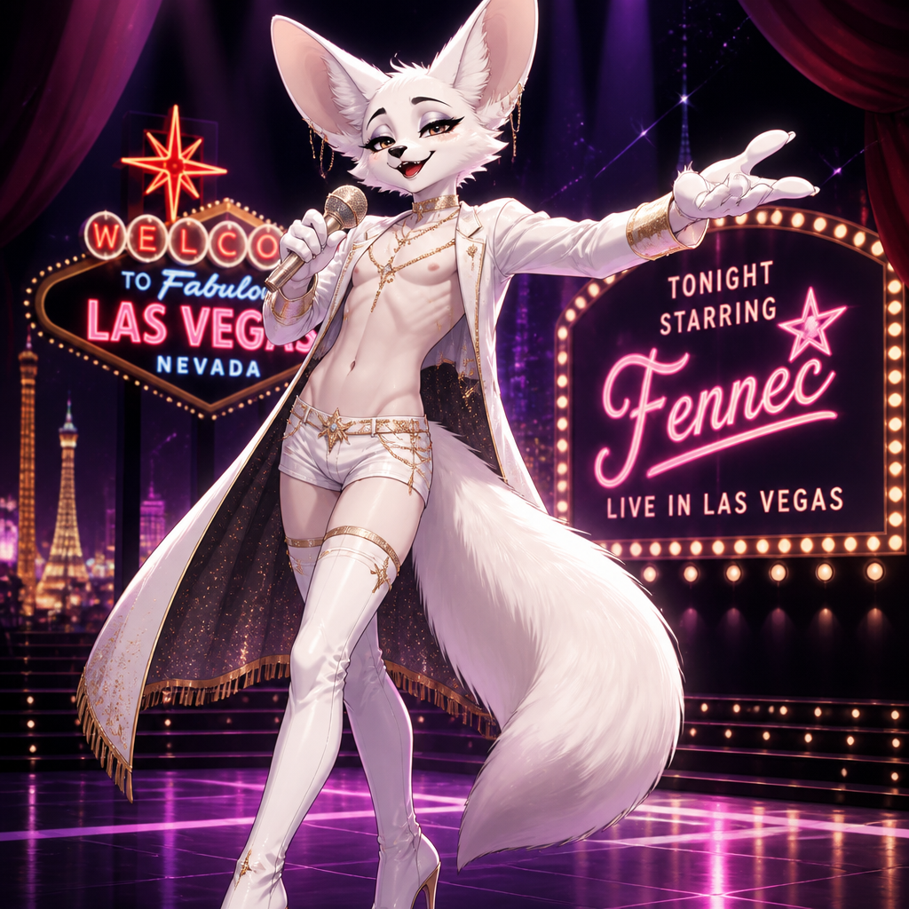 A well-made white furred fennec Fox male, wears something attractive for entertainment for a show by self to dance/sing. Wears eyeliner and lipstick. Has thin thighs and a bushy tail. A grown femboy anthro. A star in Las Vegas. Well groomed fur. Animated verse.