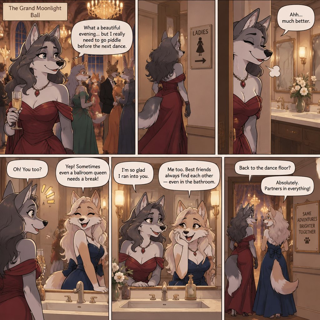 A multi panel comic about a female anthropomorphic wolf who is in a ballroom and leaves to go piddle and runs into her best friend in the bathroom, animated style