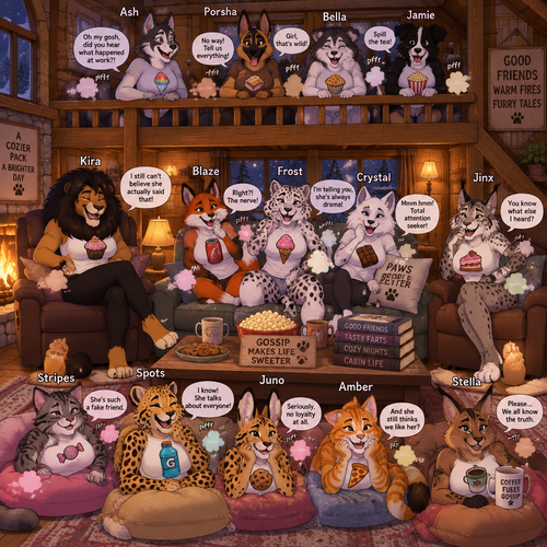 A female anthropomorphic fox named “Blaze” that has farts that smell like different flavors of soda, a female anthropomorphic Canadian lynx named “Jinx” that has farts that smell like different flavors of cake, a female anthropomorphic tabby cat named “Stripes” that has farts that smell like different flavors of taffy, a female anthropomorphic lion named “Kira” with a big black mane and has farts smell like different flavors of cupcakes, a female anthropomorphic arctic fox named “Crystal” that has farts that smell like different flavors of chocolate, a female anthropomorphic border collie named “Jamie” that has farts that smells like different flavors of popcorn, a female anthropomorphic German shepherd named “Porsha” that has farts that smell like different flavors of brownies, a female anthropomorphic husky named “Ash” that has farts that smell like different flavors of snow cones, a female anthropomorphic ginger cat named “Amber” that has farts that smell like pizza toppings, a female anthropomorphic malamute named “Bella” that has farts that smell like different flavors of baked goods, a female anthropomorphic serval named “Juno” that has farts that smell like cookies, a female anthropomorphic carcal named “Stella” that has farts that smell like coffee, a female anthropomorphic cheetah named “Spots” that has farts that smell like different kinds of sports drinks, and a female anthropomorphic snow leopard named “Frost” that has farts that smell like different flavors of ice cream, they are in a cozy living room in a cabin, Kira is on a recliner on the left side of the couch, Blaze Frost and Crystal are on a couch, Jinx is on a recliner on the right side of the couch, Stripes Spots Juno Amber and Stella are on the floor on big cushions, Ash Porsha Bella and Jamie are in the loft above everyone but still talking with everybody, everyone is letting out gentle farts, everybody is wearing shirts with a picture of something that represents them, everyone is gossiping, animated version. 