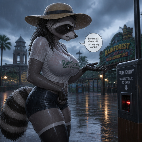 A well-made adult matured anthro female Raccoon character that wears a sun hat and a T-shirt who lost her key card unhappily annoyed. Has thigh highs and boobs. On a rainy day at the themed park. Well-animated version. All wet. Side-shot view.
