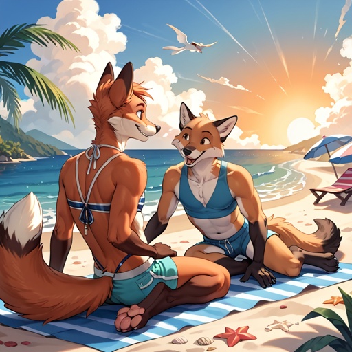 Anthro male furry and female furry smiling and looking at the sunset at the beach with other Anthro foxes in swimsuits.