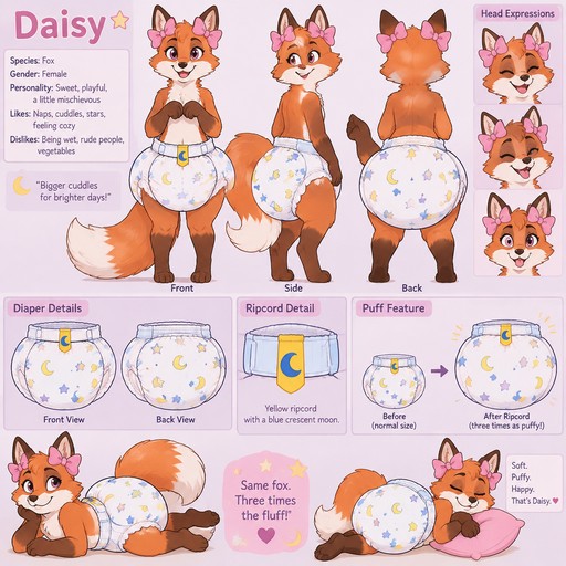 A female anthropomorphic fox named Daisy, wears a big puffy diaper, has a ripcord on her diapers that make them three times as puffy when she wants to, the ripcord is yellow with a blue crescent moon on it, has a crescent moon and star pattern on her diapers, has pink bows on her ears, reference sheet
