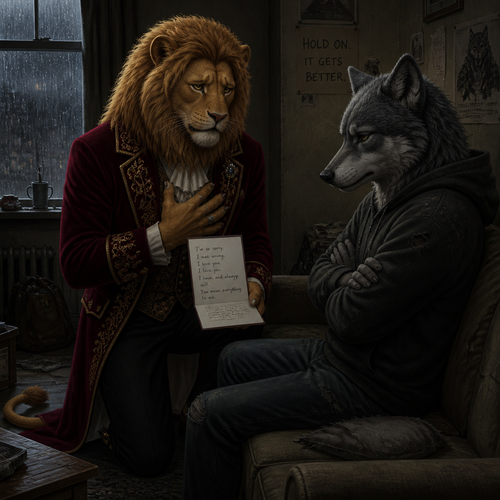 A (well-made grown anthropomorphic male character) rich Barron a Lion with a sad look that wears whatever he wears who came to see a unhappy non-rich anthro male grey Wolf for an apology for how he’s sorry and tell him he loves him and says his feelings for him because he’s gay.