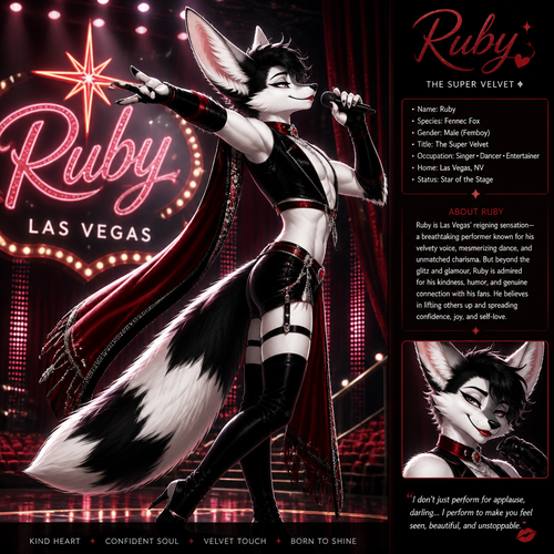 A well-made Black/white furred fennec Fox male named Ruby, wears something attractive for entertainment for a show by self to dance/sing. Wears eyeliner and lipstick. Has a bushy tail. A grown femboy anthro. A star in Las Vegas. Well groomed. Side view. Animated verse. Has good personality. Being a super velvet.