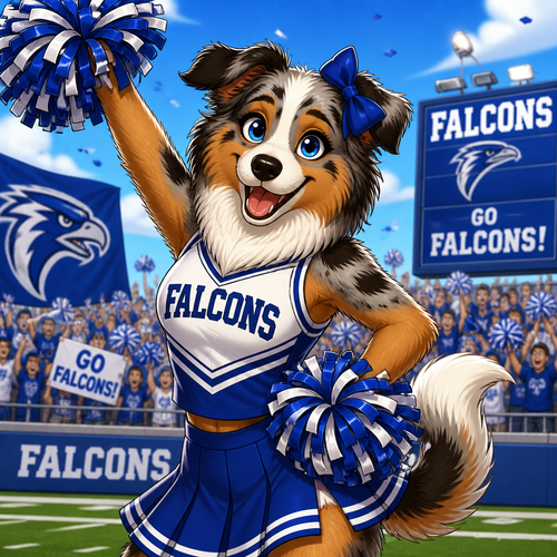 A female Australian shepherd cheerleader in a blue and white uniform cheering for a team called the “Falcons”, animated style