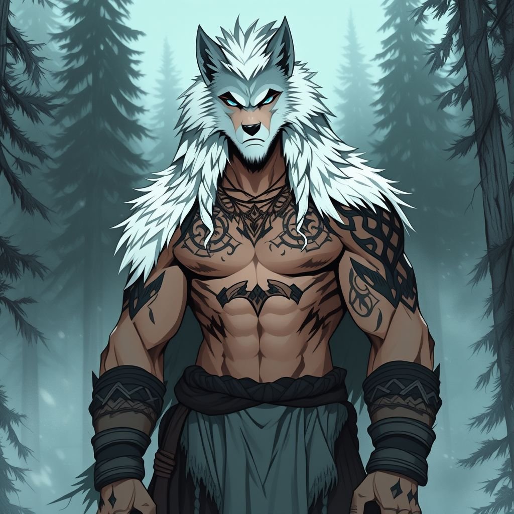 White werewolf shirtless wearing Viking attire