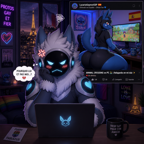 A jealous fluffy gay male Protogen (lives in Paris, France), who uses his laptop and see a video of a male gay Lucario (lives in Spain and a stitch fan) with thick thighs and buttocks playing a game called animal crossing on PC. Animated verse. Front view. 