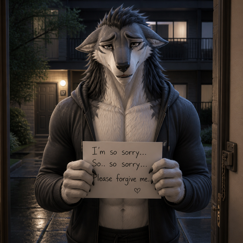 A well-made grown Sergal male character who’s at the outside door of the apartment building who came with a tearful face and came to say that he was sorry again saying so sorry to beg forgiveness to a dear friend at a front view.