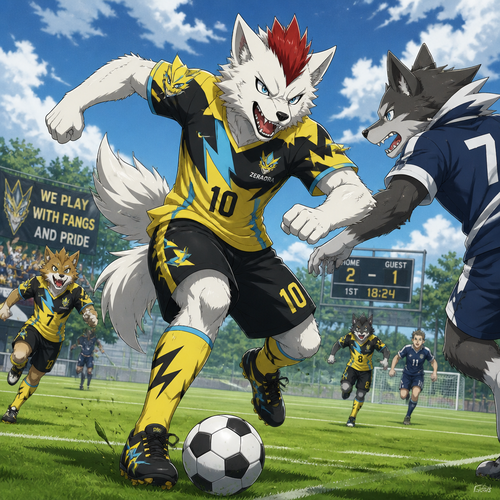 A high school aged male dire wolf wearing Zeraora themed soccer uniform, short red mohawk hairstyle. He is out on a soccer field during a partly cloudy day, playing aggressively in a game of soccer with his friends. Anime art style, full body.