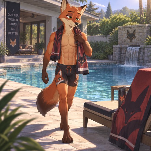 A teenage Nick Wilde wearing a Nickit themed swimsuit, showing off a 8 pack of abs, a Thievul themed towel around his neck. Walking along the pool behind his house to his favorite pool chair. Anime art style, solo, full body.