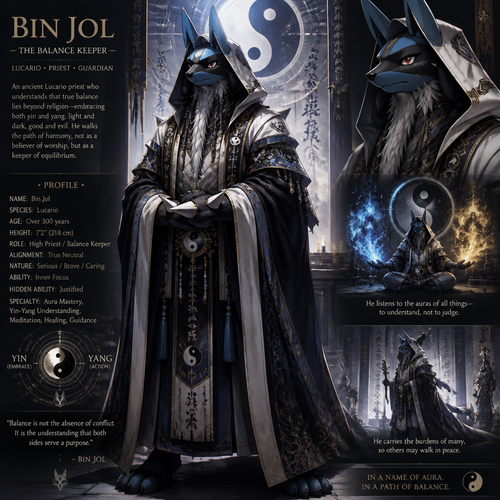 A well-made Pokemon male character, Lucario. A priest knows the balances both yin and yang not just religion. In anthro verse. Big and tall also very old but still tough. Wears a robe and a hoodie. So serious and mature. So brave and caring. In a name of aura. Name Bin Jol. Old but still powerful and has responsibility.