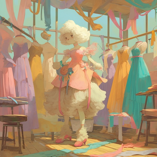 Anthropomorphic pastel poodle fashion designer in a studio filled with bolts of soft-colored fabrics, mannequins, and floating ribbons --niji 6