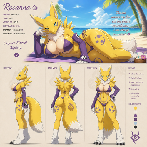 A well-made anthropomorphic female digimon character, Renamon. Her name is Rosanna. Getting a suntan around the beach. Has a fluffy chest. Animated verse. Her Side, back, and front views. So attractive and confident. Feeling a cool breeze. 💋