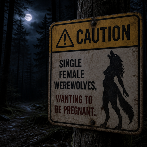 In a forest at night, a warning sign says; caution, single female Werewolves, wanting to be pregnant.