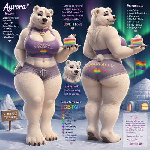 A busty well-made adult anthropomorphic polar bear female who lives in South Pole territory with a rainbow color ice cream cake on her paw. Has thick thighs and thick fur. Large looks. Front/back view. Calm and confident. Animated verse. Give a flirty look. Gives love and support sign to all LGBTQ+. Her looks.