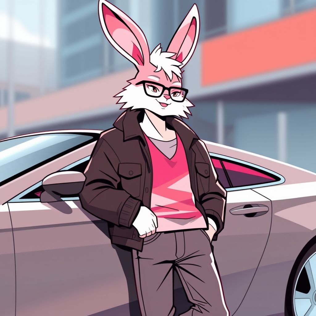 Bunny,pink fur,gay,soft,male,fursona,glasses,jeans,jacket,tall,cute, leaning against a car