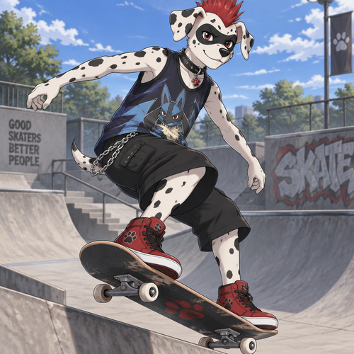 A middle school aged male Dalmatian with a black spot over his eyes that looks like a mask, wearing loose black khaki shorts with a chain hanging onto the right side, a lucario themed sleeveless shirts, red high top shoes, a black leather collar with a ruby paw pendant, and a red mohawk. He is skateboarding in a skate park. Anime art style, solo, full body.