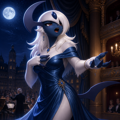 A well-made anthropomorphic Pokemon trans character, Absol who wears a silk blue dress and sings at the night of opera.
