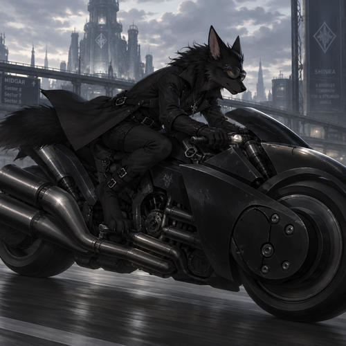 male, black fur, maned wolf, golden eyes, digitigrade footpaws, toned body,goth, wearing a trenchcoat, anime style, riding a black final fantasy advent children motorcycle, side view, leaning over the bike, wearing goggles over his eyes