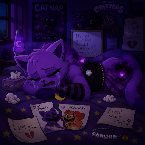 In a smiling critters universe, anthropomorphic and animated versions. Catnap is laying on his bed at his house, crying in his eyes closed, heartbroken by broken up with his ex friend (DogDay) despite his cancer “the poppy smoke”. Wears eyeliner and came as trans.