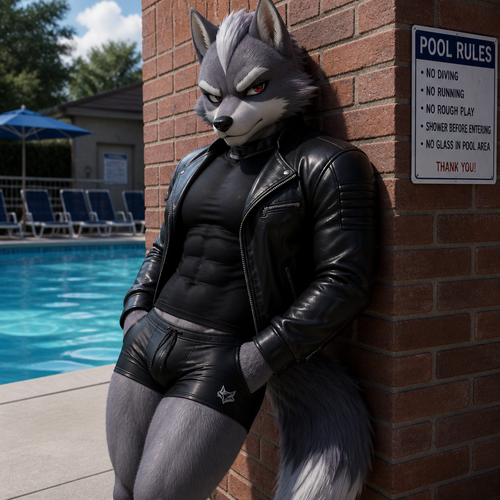 Wolf O’Donnell wearing tight black swim trunks and a tight black shirt and a leather jacket. He is leaning against a brick building near a pool.