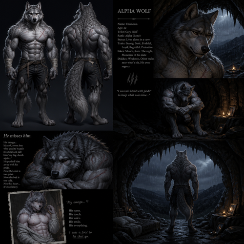 The well-made big and buff alpha male grey wolf tribe at front/rear view who lives in a cave all alone with no pack and misses his ex-mate (a grown fuzzy male femboy omega grey wolf tribe) sadly depressed and have regrets.