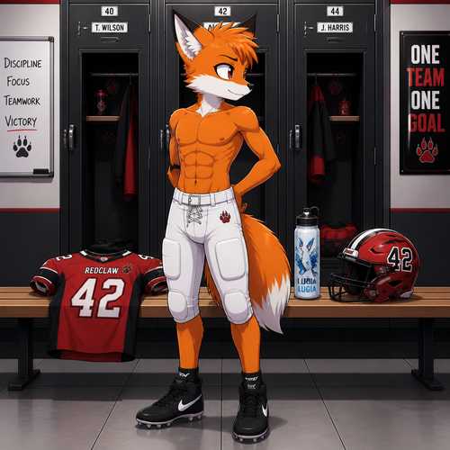 A middle school aged male fox wearing white football pants, black football shoes standing in the locker room. We can see 6 pack of abs as he is looking over his shoulder. On a bench between the football lockers lies a a red and black football jersey, a Lugia themed water bottle, and a red and black helmet with the number 42 on the sides. Anime style, front view, full body.