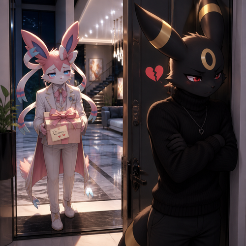 A sad  rich male Sylveon, who’s offering a gift with a bow on it for apology, Still loves his male Umbreon that wears black sweater standing on a front door inside of his modern house very unhappy to see and still has a broken heart. In the anthropomorphic universe (well-made).