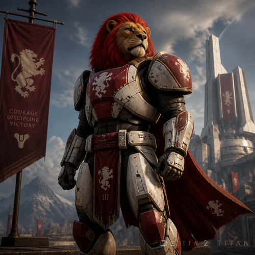 A young male Lion with a red mane standing tall and proud. Wearing Titan armor from Destiny 2.