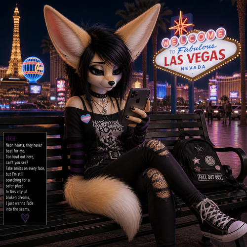 A well-made transgender Fennec Fox EMO looking at a IPHONE while sitting on a bench in Las Vegas. A well-made animated verse.
