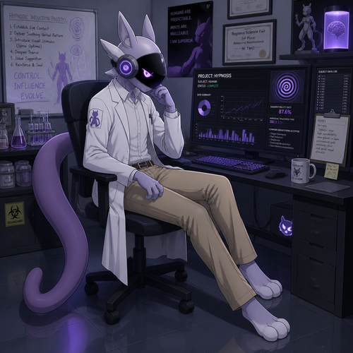 A high school aged male protogen Mewtwo wearing tan khaki pants, white button up shirt, and a lab coat. He is sitting at his computer in his laboratory looking at the data he has collected on hypnotizing humans. Anime art style, solo, full body.