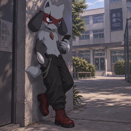 A male Riolu with light grey fur on his chest, dark grey fur in his arms and legs, brown half orb on his chest, the grey bumps on his hands extended to cover more of his paws but with a silver sheen and smooth look, light blue eyes, red face mask instead of black, and a black line over the right eye looking like a scar within the fur. He is wearing loose black pants with a chain hanging off the right hand side, no shirt, and blood red boots. Hanging out behind a school scrolling on his phone. Anime art style, solo, full body.