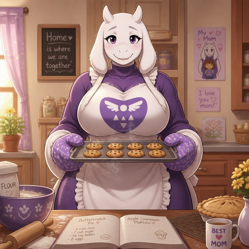  Toriel. Has Big breasts. Wears an apron. Love baking goods. At home. Well-made animated version. A single mother. Front view.
