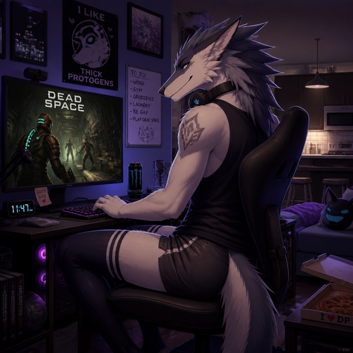 A homosexual grown male Sergal that wears shorts and has thigh highs also has buttocks, sits on a chair while playing a sci-fi horror game Dead Space on PC. Well-made animated version. A modern life. Lives on an apartment. Likes thick Protogens.