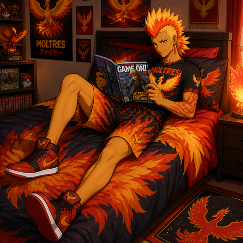 A male Phoenix wearing Moltres themed shirt, fire themed shorts, red high top shoes, and a plumage mohawk hairstyle. He is laying on his bed reading a gaming magazine. Anime art style, solo, full body.