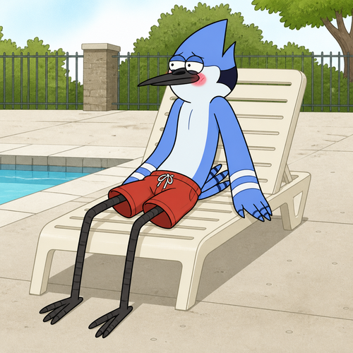 Mordicai from Regular Show wearing loose red swim trunks sitting on a pool chair with a blush on his face. Solo full body.