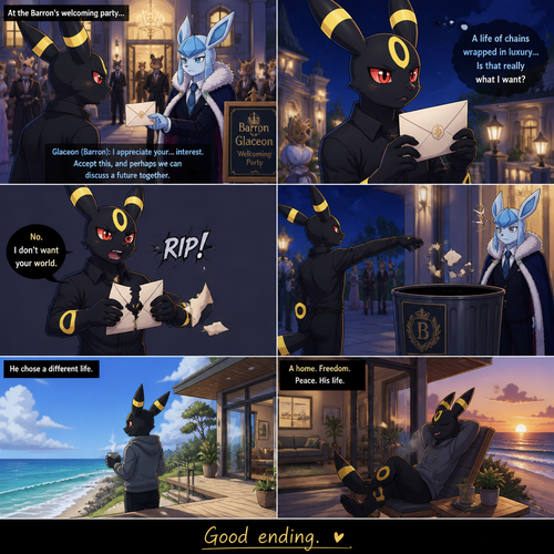 A non-rich grown Umbreon male who change his mind while reject and ripped the envelope and toss it to a trash can of a billionaire Glaceon (the Barron) welcoming party at the city mansion to look bad. Chooses a home. Lives on a small modern house at the beach. Well-made animated version. A good ending. A anthropomorphic verse. Side/front view.